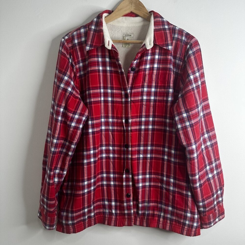 LL Bean Shirt Shacket Jacket‎ Womens M Red Plaid Fleece Lined Button Up Outdoors